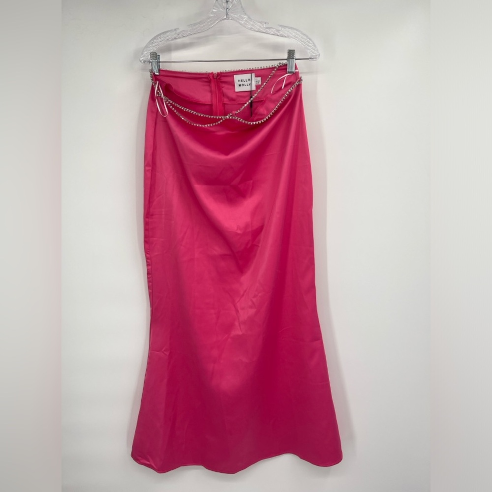 Hello Molly Pink Satin Bias Cut Maxi Skirt Rhinestone Chain‎ Women's Sz L